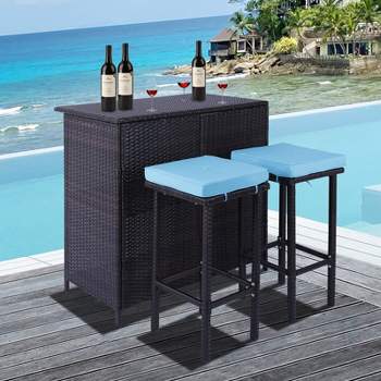 3-Piece All Weather PE Rattan Patio Bar Set of 1 Table and 2 Stools with Removable Cushions - Maison Boucle