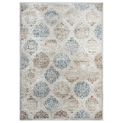 Ivory and Navy Blue Synthetic Medallion Rectangular Rug, 3 x 5