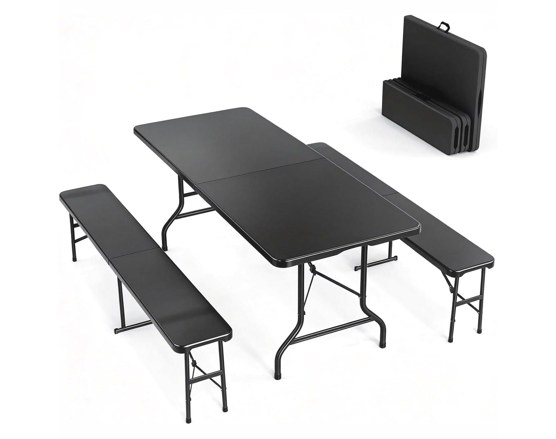 VINGLI Picnic Table Set with 2 Benches, 6 Feet Camping Table Chair Set, 3-Piece Folding Furniture