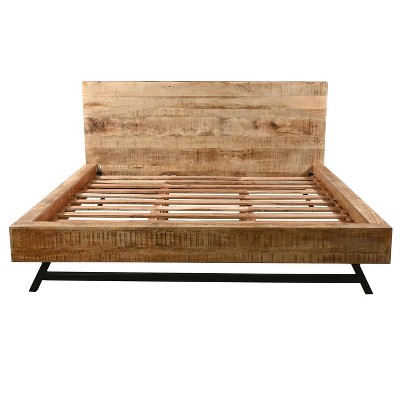 The Urban Port King Modern Rustic Platform Bed Brown Acacia and Mango Wood Frame Angled Black Iron Legs Bed Brown