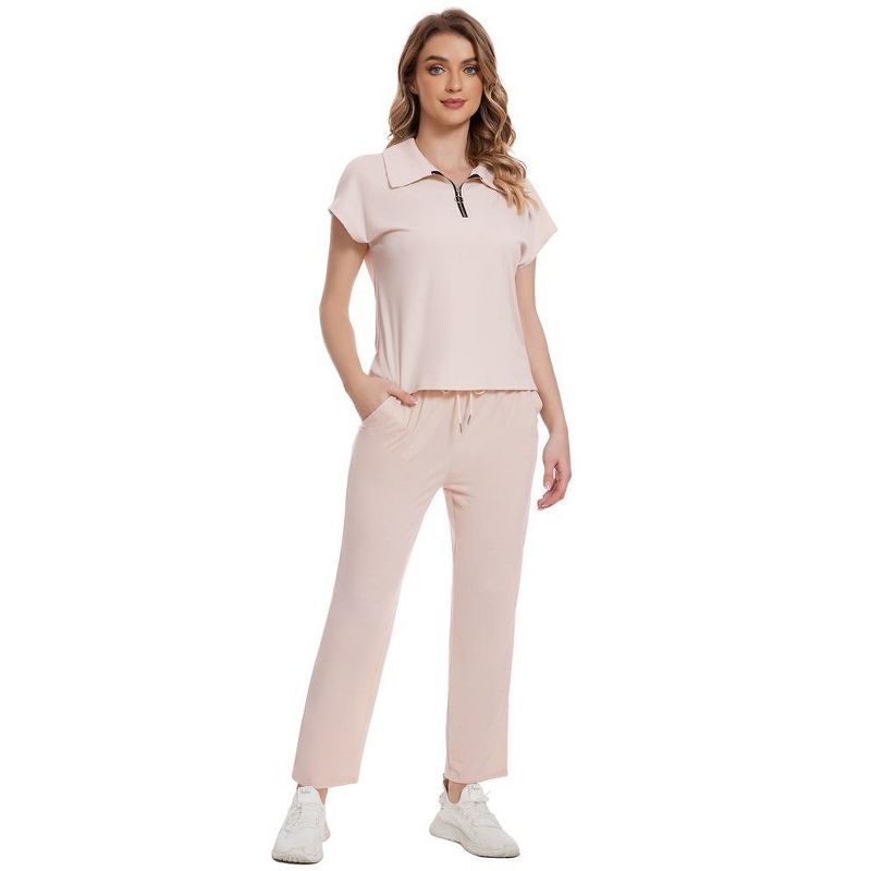 Summer 2 Piece Outfits for Women Casual Sweatsuits Short Sleeve V Neck Tops with Crop Long Pants, 2 of 8