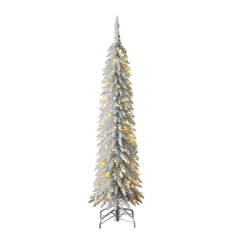 Home Heritage 7 Foot Prelit Artificial Pencil Christmas Holiday Tree with White LED Lights, Folding Metal Stand and Easy Assembly, 1 of 7