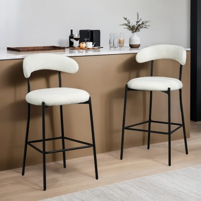 Modern Boucle Island Chairs Bar Chair Set of 2, Counter Height Bar Stools with Curved Backrest, Teddy Fabric, Adjustable Footpads - Leovsnove