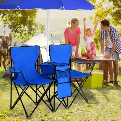 Blue Portable Folding Picnic Double Chair with Umbrella and Cooler
