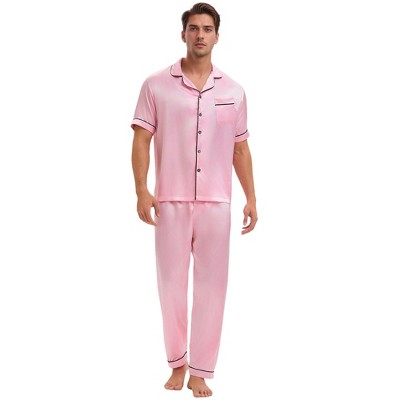 INSPIRE CHIC Men's Satin Nightwear Short Sleeve Shirt Sleep Shorts Casual Pajamas Set 2 Pieces