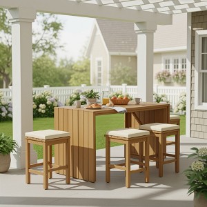 5 Piece Outdoor Bar Set, Patio Acacia Wood Dining Set with Bar Height Table & 4 Stools for Backyard, Poolside, Balcony, Beige - ModernLuxe - 1 of 4