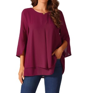 Seta T Women's Casual Round Neck 3/4 Sleeve Double Layered Chiffon Blouse - 1 of 4