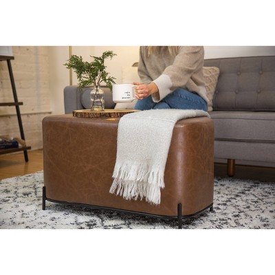 Distressed Brown Faux Leather Upholstered Bench with Black Metal Base
