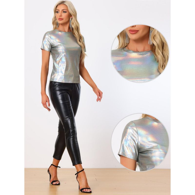 Allegra K Women's Party Metallic Short Sleeve Textured Shiny T-shirts, 3 of 8