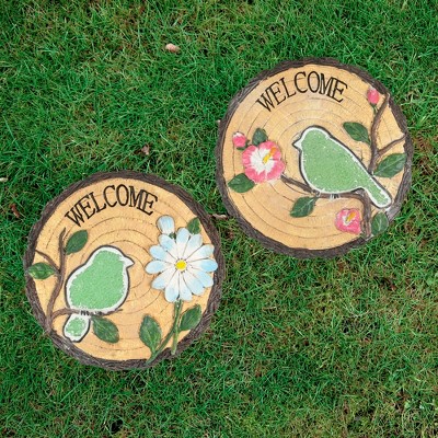 Set of 2 Green Bird and Flower Faux Wood Garden Stones