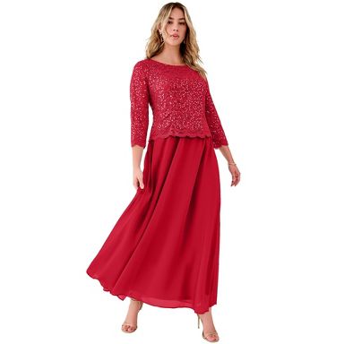 Petite Plus Size Women's Plus Size Sequin Lace Three Quarter Sleeve A-Line Gown by Roaman's in Classic Red (Size 44 W)