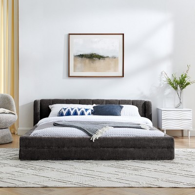 Queen Size Upholstered Platform Bed, Chenille Fabric Bed with Headboard, Low Profile Design Bed with Foam Padding Surrounding-Baofuwish