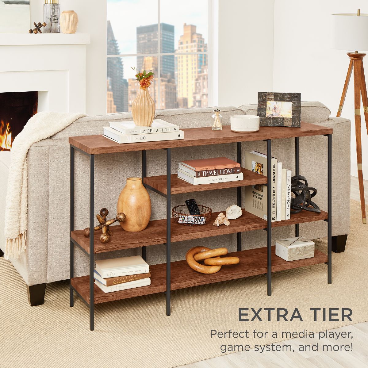 Best Choice Products 55in Industrial 4-Tier Console Table w/ Tall Shelves, Metal Frame - Brown - thumbnail 5