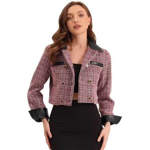 Allegra K Women's Tweed Plaid Contrast Collar Double Breasted ...