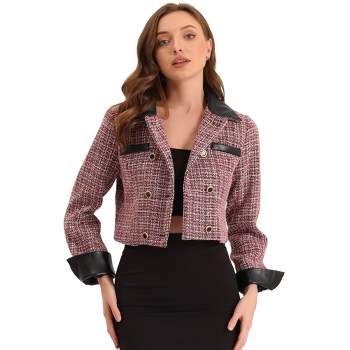 Allegra K Women's Tweed Plaid Contrast Collar Double Breasted Vintage Cropped Jackets