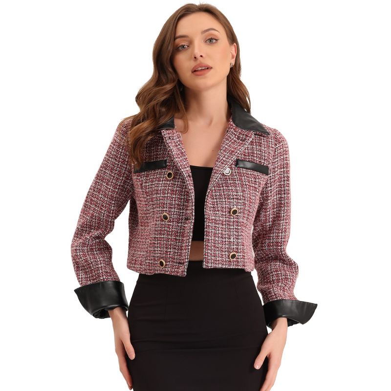 Allegra K Women's Tweed Plaid Contrast Collar Double Breasted Vintage Cropped Jackets, 1 of 6