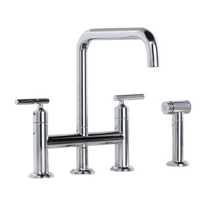 WOWOW Brass Double Handle Bridge Kitchen Faucet, Deck Mount Kitchen Sink Faucet with Side Sprayer in Matte Black - 1 of 4
