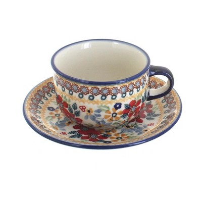 Blue Rose Polish Pottery Red Daisy Cup & Saucer