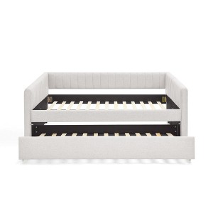 Gulches Full Size Upholstered Daybed with Trundle Vertical Stripes Linen Fabric Beige for Bedroom Living Room Office Cafe - 1 of 4