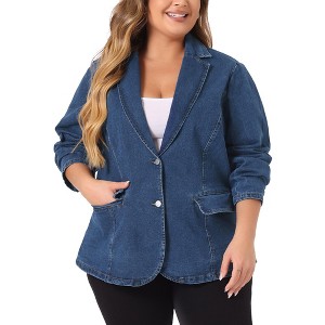 Agnes Orinda Women's Plus Size Denim Notched Lapel Color Block Stretch Blazers - 1 of 4