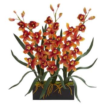 Nearly Natural 25-in Cymbidium Orchid Artificial Arrangement in Black Vase