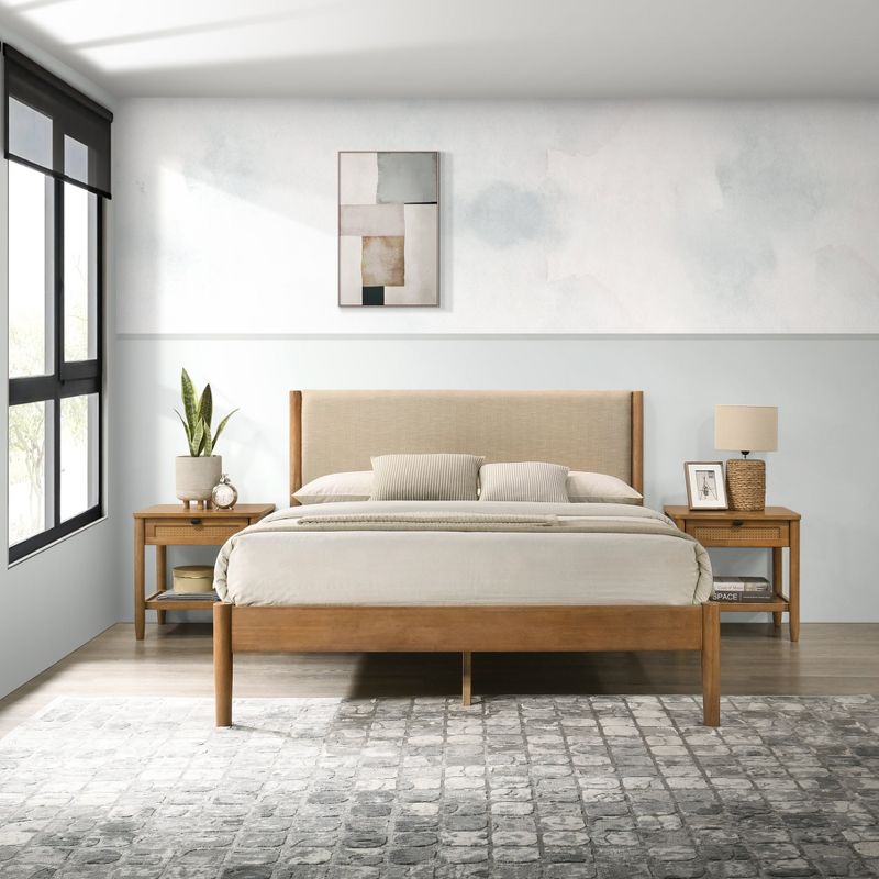 Light Walnut Rubberwood Queen Platform Bed with Beige Upholstered Headboard and Two Nightstands