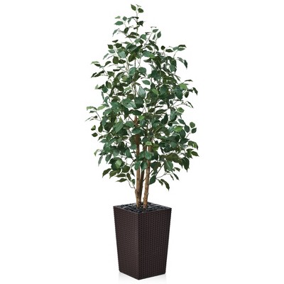 DR.Planzen 72" Faux Ficus Tree with Real Wood - UV Resistant 6FT Artificial Plant with Silk Leaves in 15.7" Planter for Indoor & Floor Decor