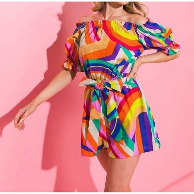 Women's Colorful Off The Shoulder Ruffle Romper - FLYING TOMATO