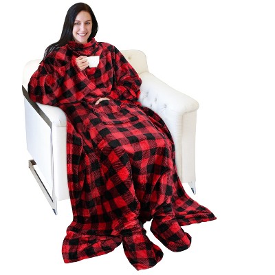Catalonia Fleece Wearable Blanket with Sleeves and Foot Pockets, Micro Plush Wrap Sleeved Throw Blanket Robe, Super Fuzzy Cozy TV Blanket Throw, Gift