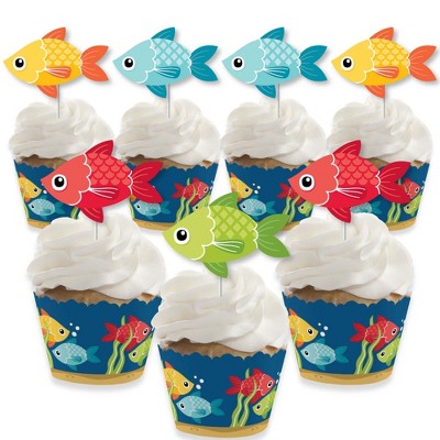 Big Dot of Happiness Let's Go Fishing - Cupcake Decoration - Fish Themed Birthday Party or Baby Shower Cupcake Wrappers & Treat Picks Kit - Set of 24