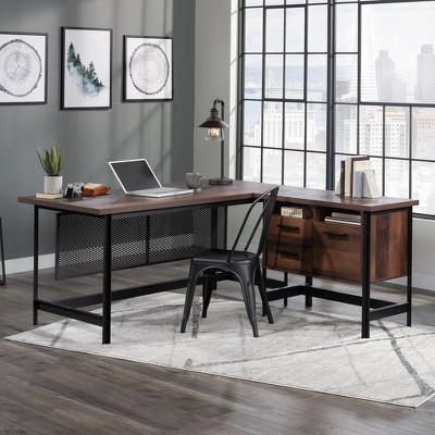 Brown Wood L-Shaped Corner Desk with Drawer and Filing Cabinet