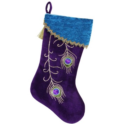Northlight 19" Purple Velvet Regal Peacock Embroidered Feather Christmas Stocking with Gold Tassel