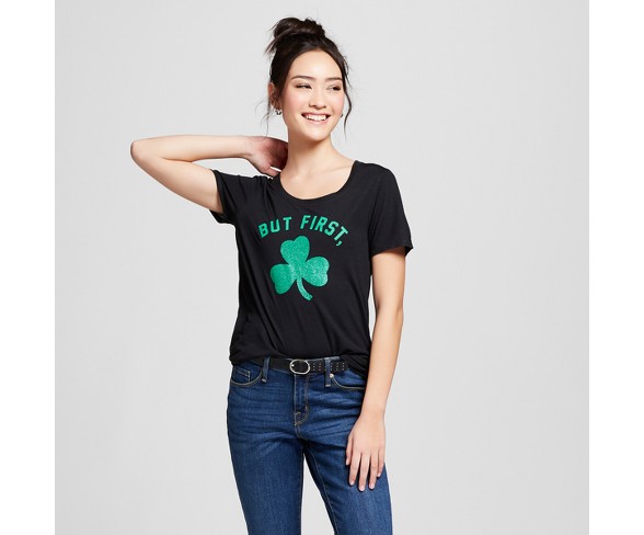 Women's St. Patrick's Day Glitter Clover Scoop Neck Short Sleeve Graphic T-Shirt - Grayson Threads (Juniors') - Black XS