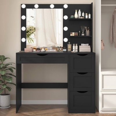 USIKEY Makeup Vanity Desk with Mirror and LED Lights, Vanity Desk Dressing Table with Storage Shelves, 3 Color Modes Adjustable Brightness for Bedroom
