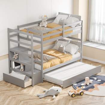 Costway Twin Over Twin Bunk Bed with Trundle Stairway and Storage Shelf Drawer White\Espresso\Grey