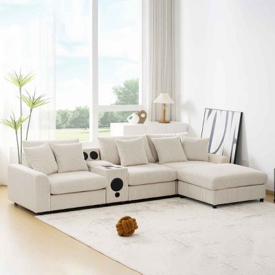 L-Shaped Sectional Sofa with Ottoman, Sofa with Bluetooth Speakers and Multifunctional Console, Corduroy Sofa with Wood Frame-Coolbibila