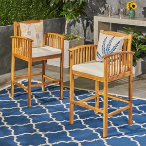 Christopher Knight Home Casa Outdoor Acacia Wood 30 Inch Barstools with Cushion (Set of 2) - 1 of 4