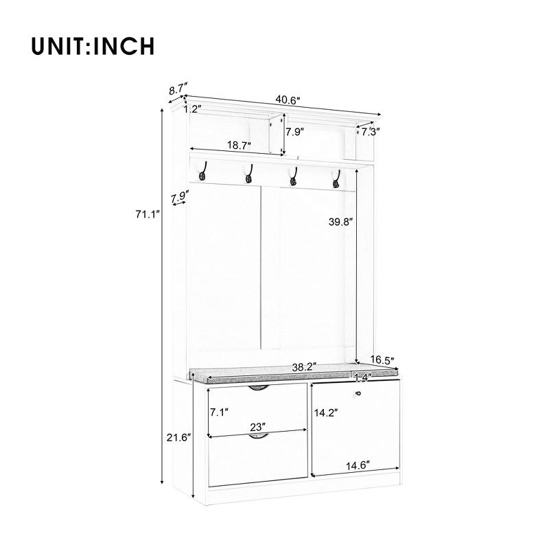 5-in-1 Entryway Bench with Coat Rack and 4 Sturdy Hooks, 40.6'' Wide Hall Tree with Shoe Storage Bench - ModernLuxe, 3 of 13