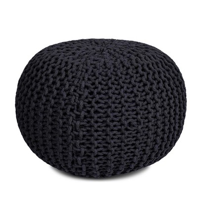 Charcoal Grey Hand-Woven Cotton Round Pouf Ottoman