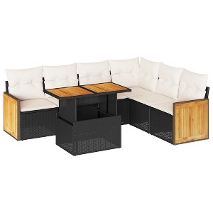 vidaXL 7 Piece Patio Sofa Set with Cushions Black Poly Rattan Acacia - Black and Cream with Storage - 1 of 4