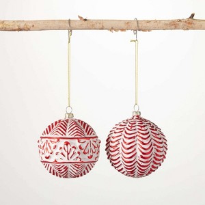 Red Embossed Ball Ornament Multicolor 4"H Glass Set of 2 - 1 of 2