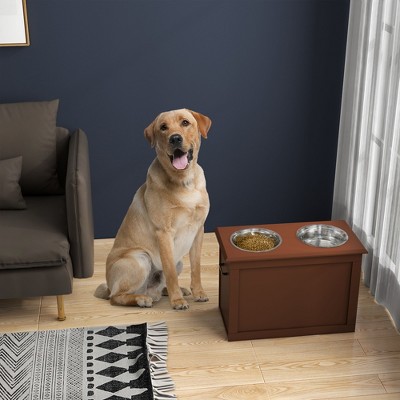 Raised Pet Feeding Storage Station with 2 Stainless Steel Bowls Base for Large Dogs and Other Large Pets