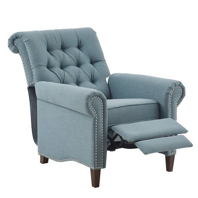 Transitional Blue Tufted Recliner with Bronze Nailhead Trim