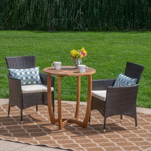 Ellie 3pc Acacia Wood Wicker Bistro Set - Brown/Beige - Christopher Knight Home: Weather-Resistant with Polyester Cushions - 1 of 4