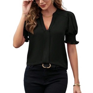 BLUEMING Womens T-Shirts Short Puff Sleeve Casual Blouses V Neck Smocked Cuff Tunic Tops Business Tops - 1 of 4