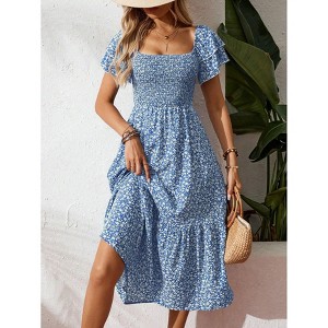 Coolmee Womens Summer Casual Floral Maxi Dress Square Neck Ruffle Short Sleeve Smocked High Waist A Line Wedding Guest Dresses - 1 of 4