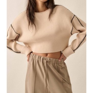 Women's Stitch Perfect Cropped Blanket Stitch Sweater - PROMESA - 1 of 4