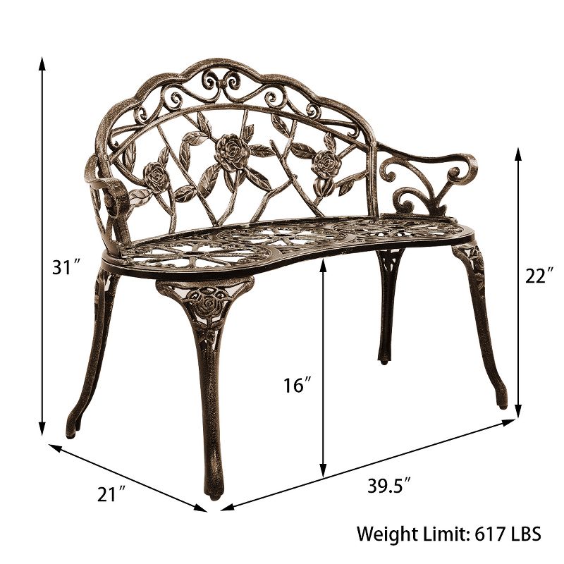 Tangkula Antique Aluminum Bench Patio Garden Chair Porch Cast for Outdoor Bronze, 3 of 7