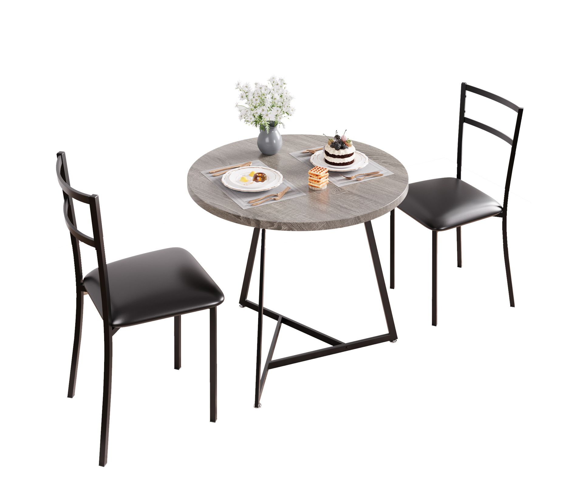 3-Piece Dining Table Set for 2 – Round Kitchen Table & Upholstered Chairs, Grey