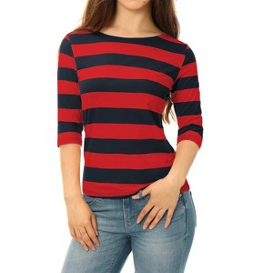 INSPIRE CHIC Women's Stripes Casual Basic Elbow Sleeves Boat Neck Slim Fit T-Shirts - 1 of 4